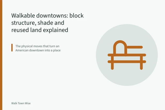 Walkable downtown sidewalk with shade trees, frequent crosswalks, and active storefronts. Walkable downtowns: block structure, shade and reused land explained