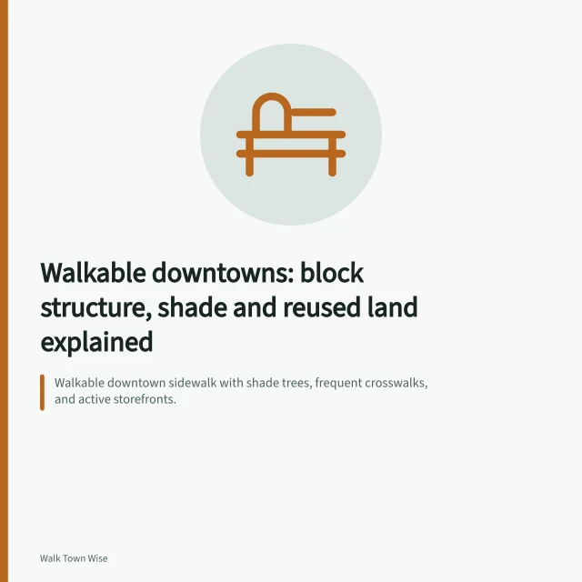Walkable downtown sidewalk with shade trees, frequent crosswalks, and active storefronts. Walkable downtowns: block structure, shade and reused land explained