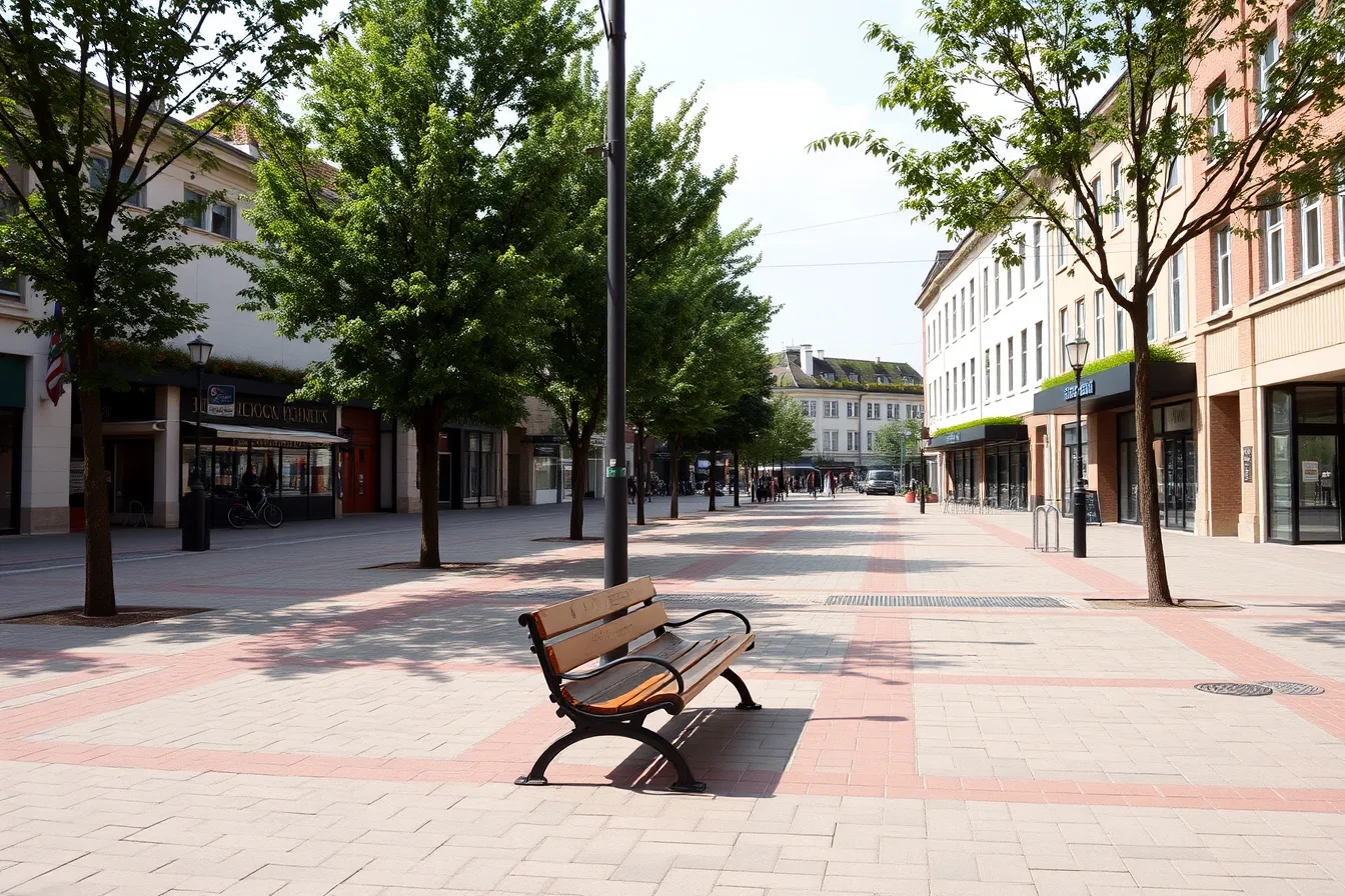 Walkable district public space with benches, trees, and green roofs. Two days spent understanding how this walkable district was rebuilt