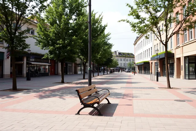 Walkable district public space with benches, trees, and green roofs. Two days spent understanding how this walkable district was rebuilt