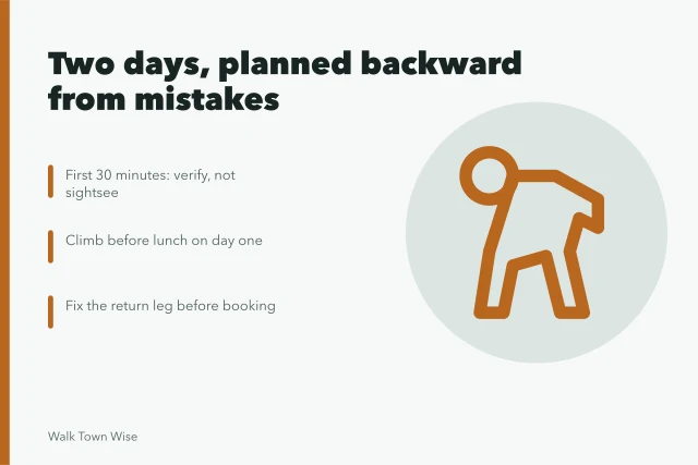 Two-day walking plan card with verification, climb timing and return leg. Building a two-day plan backward from the mistakes most walkers make