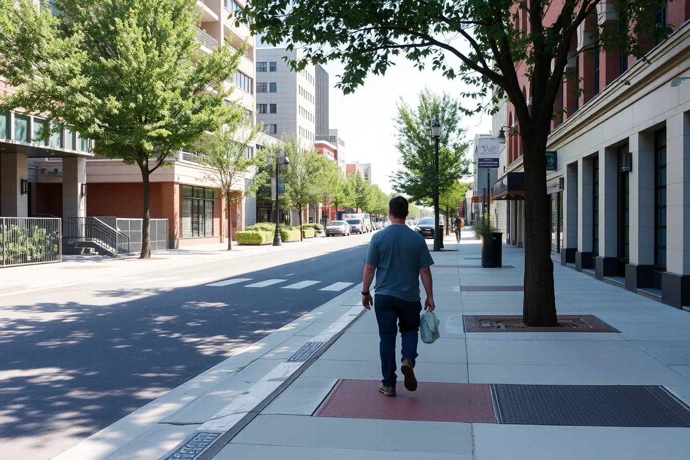 Rebuilt pedestrian street with wide sidewalks, fresh paving, and street trees. What redeveloped districts actually offer accessible travelers