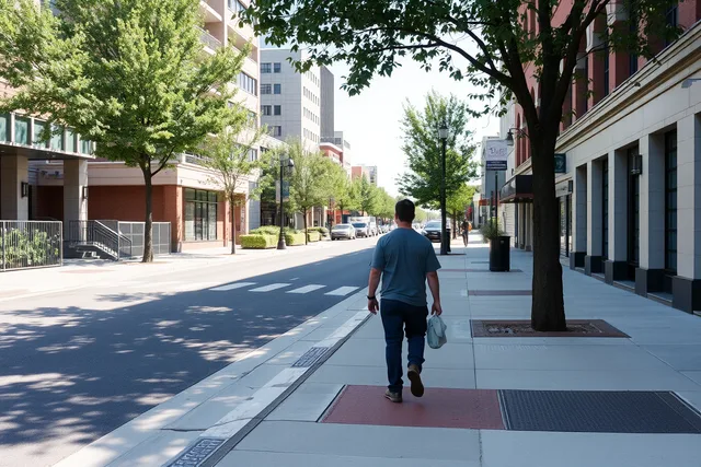 Rebuilt pedestrian street with wide sidewalks, fresh paving, and street trees. What redeveloped districts actually offer accessible travelers