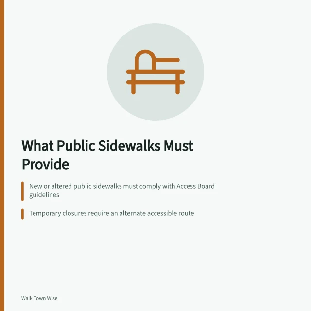 Accessible sidewalk with curb ramps and a pedestrian crossing in a walkable town. Accessible walkable towns: what public sidewalks must provide that private hosts do not