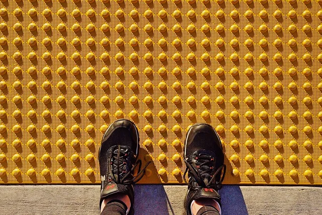 safety tread, sidewalk, tread plate, yellow, tactile paving, curb, grip, orange safety, tactile paving, tactile paving, tactile paving, tactile paving, tactile paving, curb, curb, curb, grip. How ADA curb ramp rules change your walking route in historic US downtowns