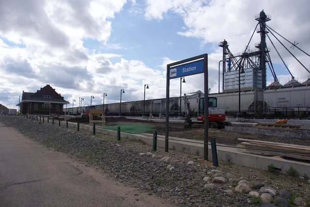 View of Amtrak train station in Rugby, North Dakota, in June 2024, with platform under construction. Amtrak walkable towns: the walk to downtown with luggage