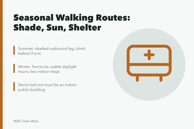 Seasonal walking route planning with shade, daylight and storm shelter rules. Walking itinerary design by season: shade loops in summer, sun in winter