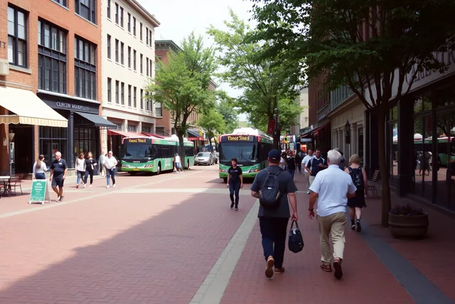 Church Street Marketplace pedestrian mall in Burlington, Vermont, with people walking past shops. What a car-free weekend costs in Burlington, Vermont