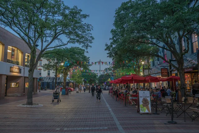 church street marketplace, burlington, vermont, church street, pedestrian zone, buildings, outdoors, urban, city, blue hour, twilight, dusk, evening. What a car-free weekend costs in Burlington, Vermont