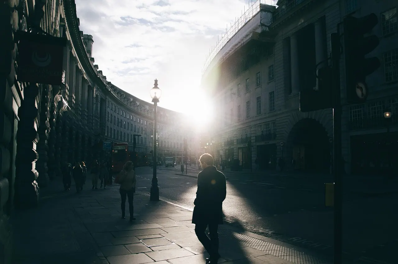 london, street, road, uk, city, urban, british, person, strolling, pedestrians, people, sidewalk, nature, buildings, sunset, architecture