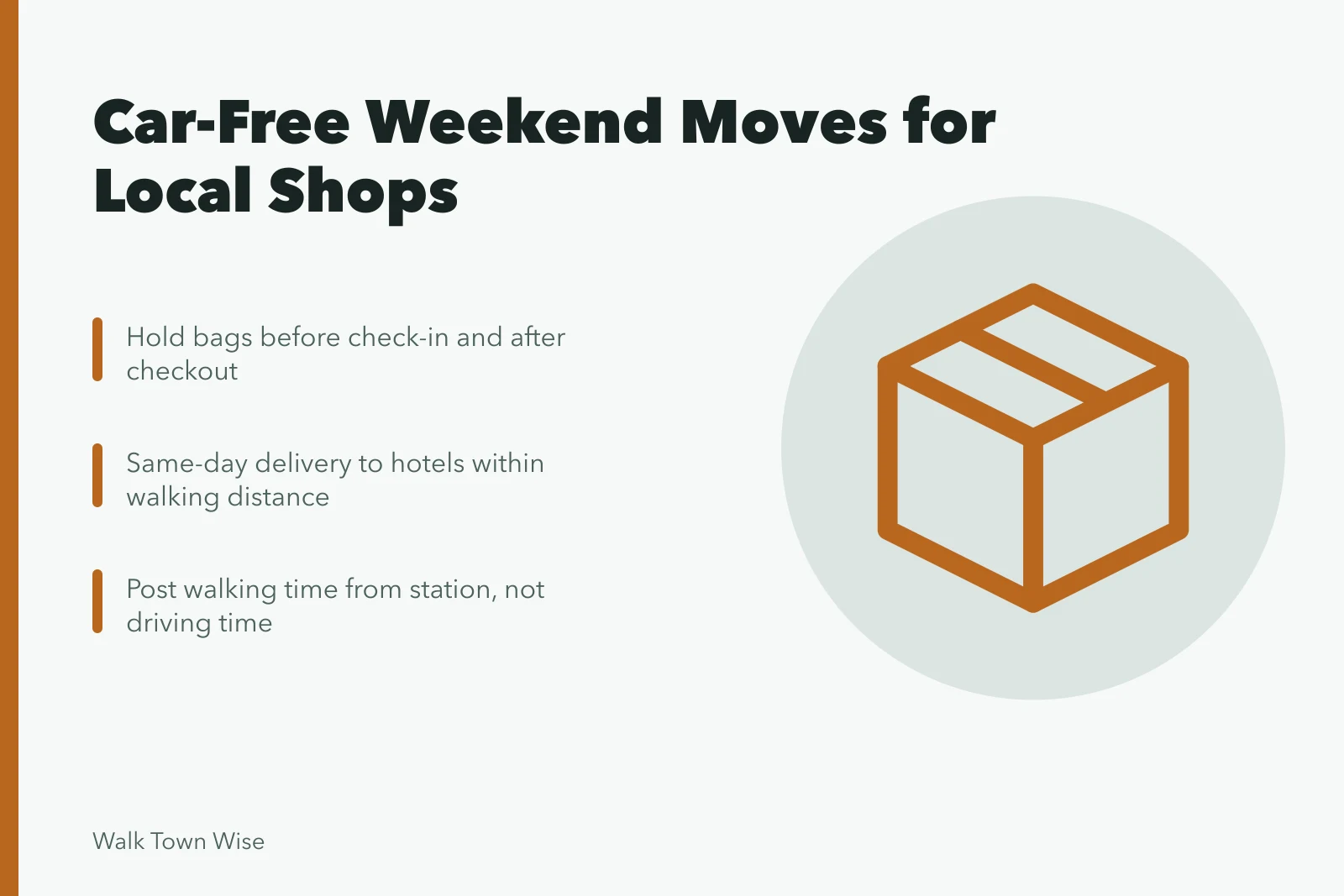 Card listing bag storage, lodging delivery and walking-time tips for car-free visitors. How local businesses can support car-free visitors: bag storage, delivery and walking info