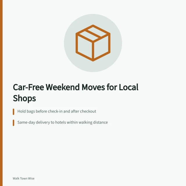 Card listing bag storage, lodging delivery and walking-time tips for car-free visitors. How local businesses can support car free weekends: the parts worth your time