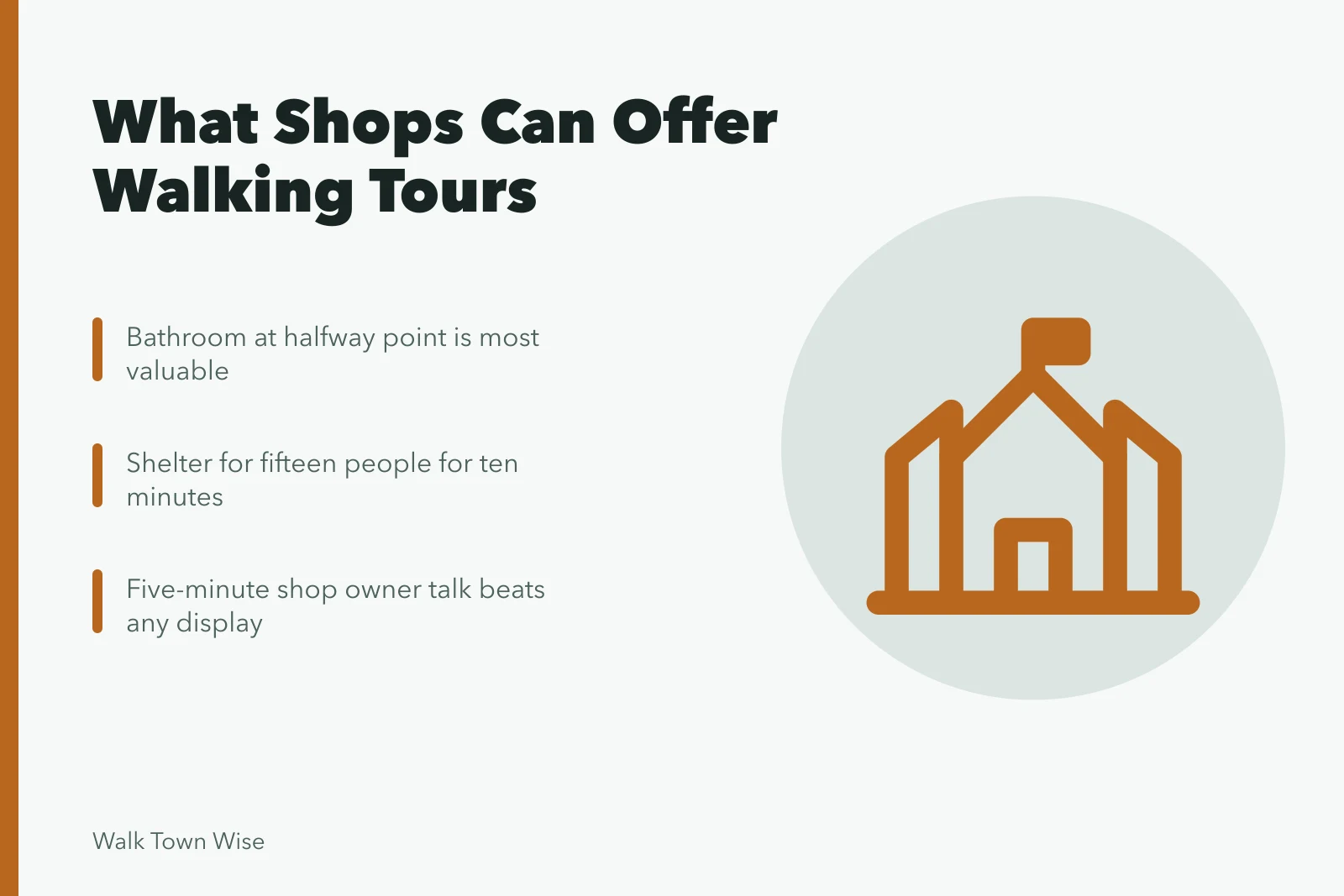 Walking tour group stopping at shops for bathroom, shelter, and owner talk. Bathrooms and shelter: what local shops can do for walking tours