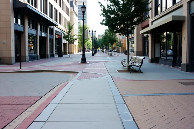 Wide downtown sidewalk with curb ramp, bench and storefronts on a pedestrian street. How to compare tours built around walkable downtowns, in plain terms
