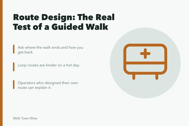 Illustration of a walking route with loop and linear paths. Judging a guided walk by its route design, not its price