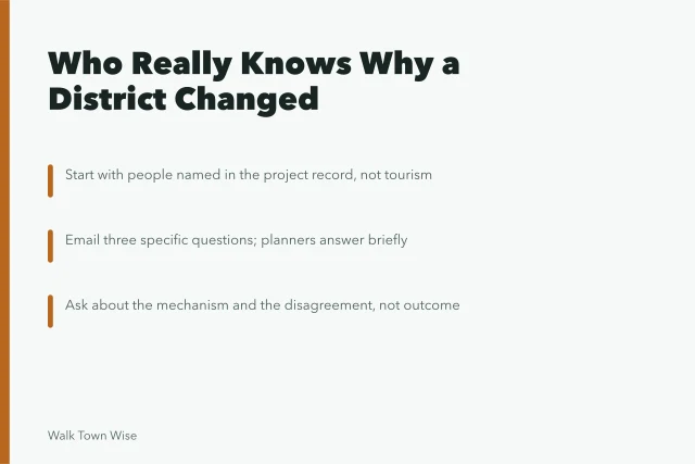 Card listing who to ask about why a walkable district changed. Finding local guides who know why a walkable town's district changed