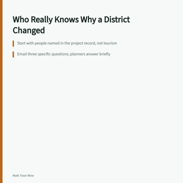 Card listing who to ask about why a walkable district changed. Finding local guides who know why a walkable town's district changed