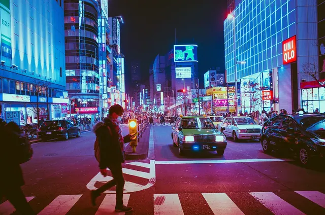 japan, osaka, pedestrians, crossing, pedestrian crossing, traffic, streets, city streets, illuminated, city lights, shopping district, buildings, night, asia, landmark, travel, jap