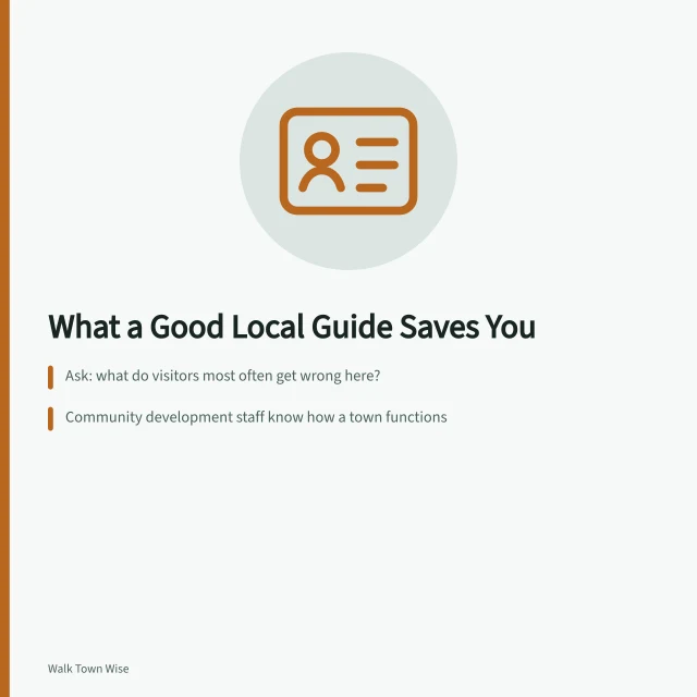 Card on finding local guides who know a town's streets. On a walkable trip, what a good local guide actually saves you