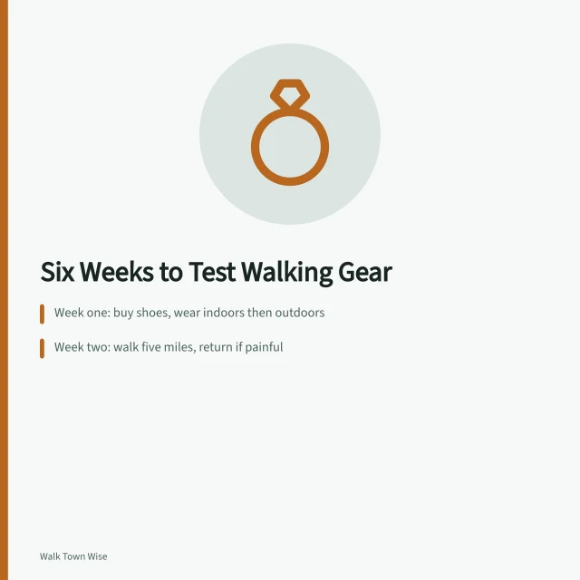 Six-week timeline for testing walking shoes, socks, pack, and shell. Assembling walking gear over six weeks instead of the night before