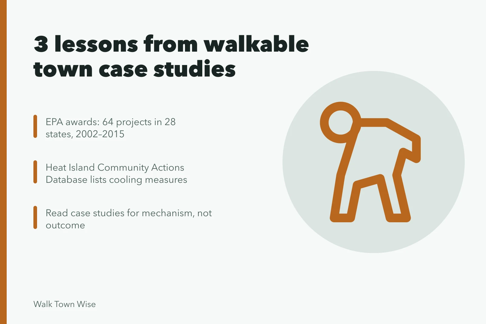 Card summarizing EPA smart growth awards and heat island case studies. 3 lessons from walkable town case studies