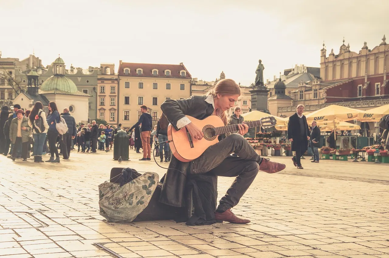 musician, guitarist, streets, people, music, string instrument, street artist, street performer, guitar, poland, square, old town, acoustic guitar, musician, musician, people, musi
