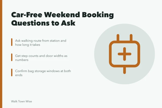 Checklist of car-free weekend booking questions about arrival, stairs and cancelation. Car-free weekend booking questions: arrival, stairs and cancelation first