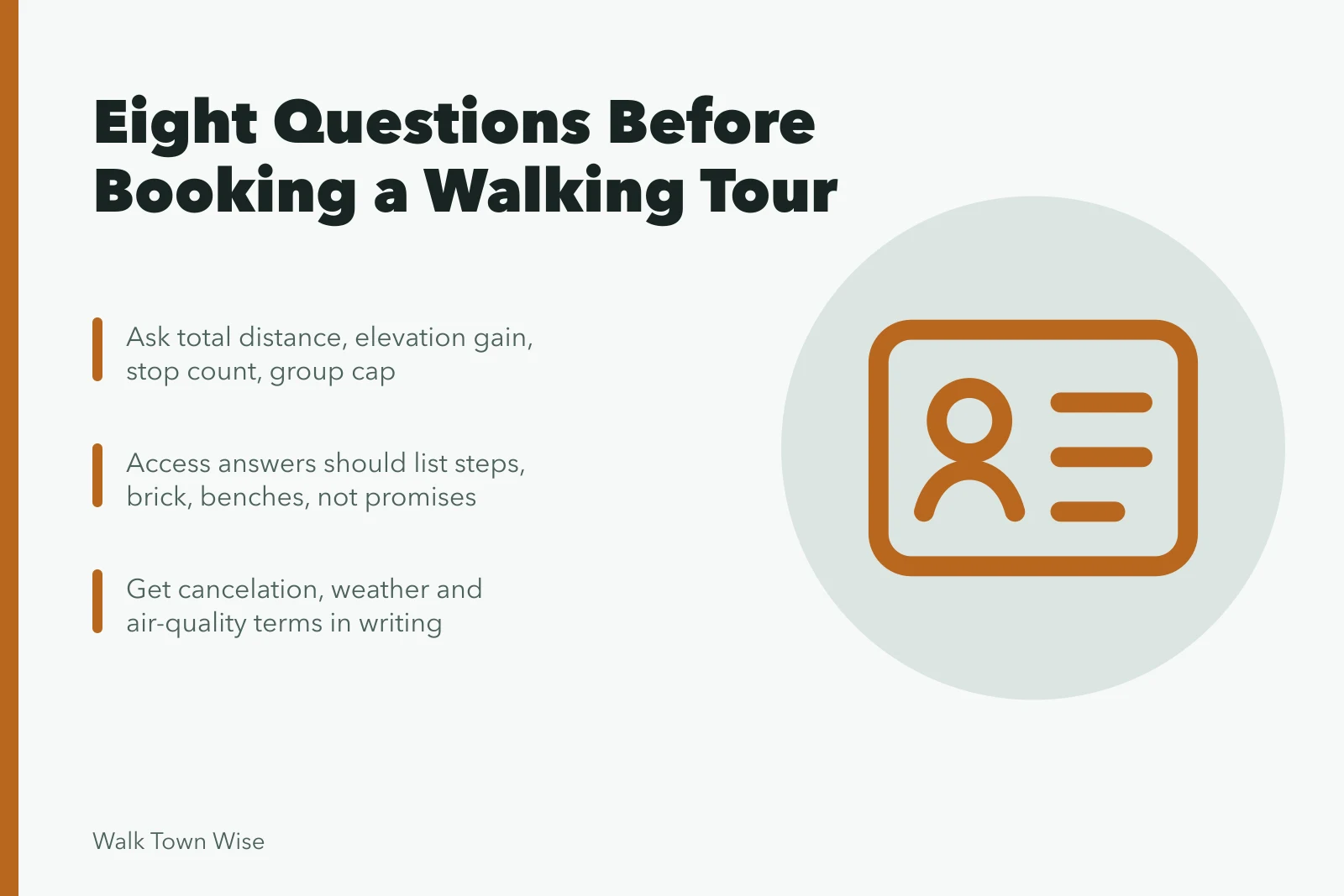 Checklist card of eight questions to ask before booking a walking tour. The eight questions worth asking before booking a walking tour
