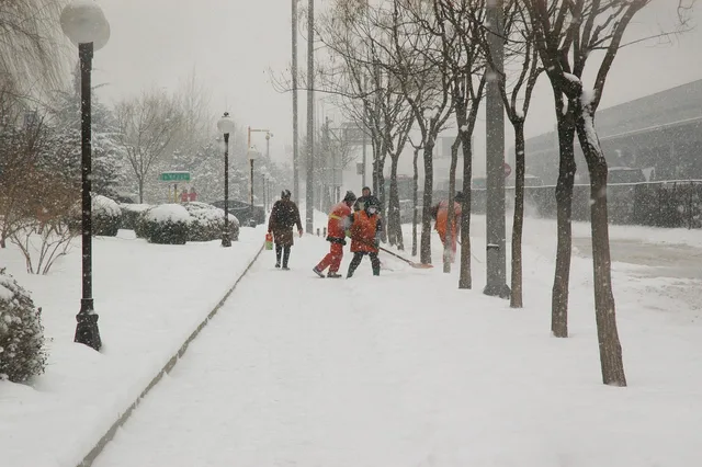 snowfall, snow, shoveling, walking, working, winter, season, december, january, shovel, workers, freezing, frigid, snowstorm, gray work, nature, gray walking. Sidewalk snow removal in US downtowns: mostly owners, with Minneapolis and Holland exceptions