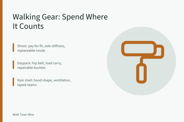 Card comparing walking gear categories by where money changes the outcome. How to think about urban walking gear as of 2027