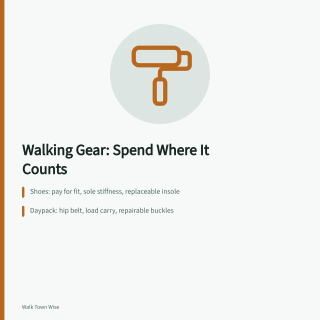 Card comparing walking gear categories by where money changes the outcome. How to think about urban walking gear as of 2027