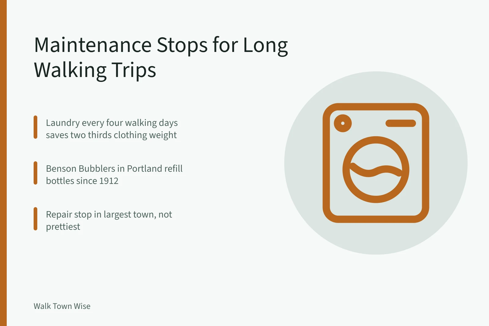 Card listing laundry, water refill, and repair stops for long walking trips. Walking gear maintenance stops: water, repairs and laundry on a long trip