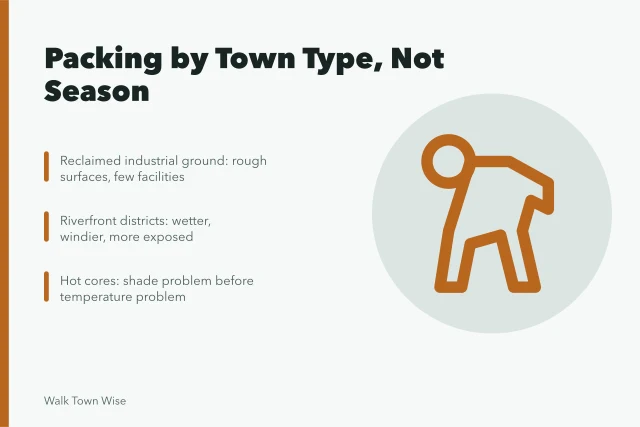 Packing list guide for walking different town types. Which packing list suits a reclaimed, riverfront or hot-core town