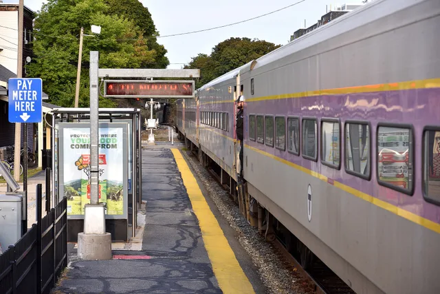 An inbound Fitchburg Line train at Waltham station in September 2023. Walkable town day trips from Boston by commuter rail, ranked