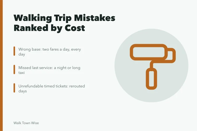 Ranked list of walking trip mistakes and their costs. Ranking the walking-trip mistakes that cost the most money