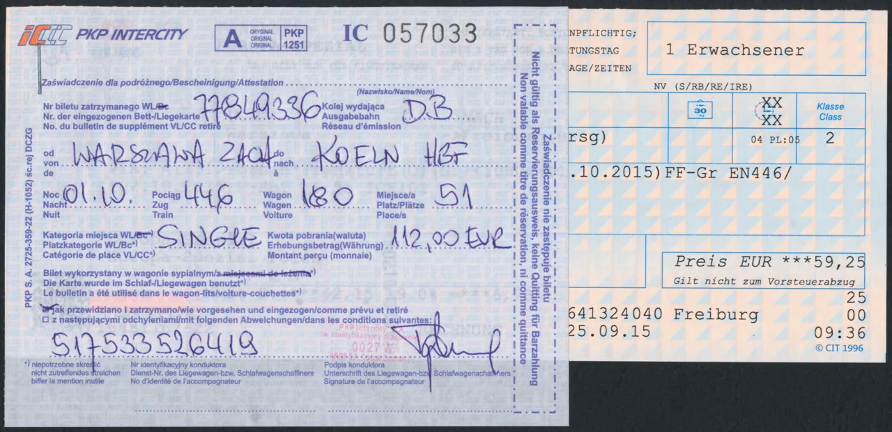 Receipt for using a PKP sleeping car on EuroNight "Jan Kiepura". 4 details of walking weekend costs people miss