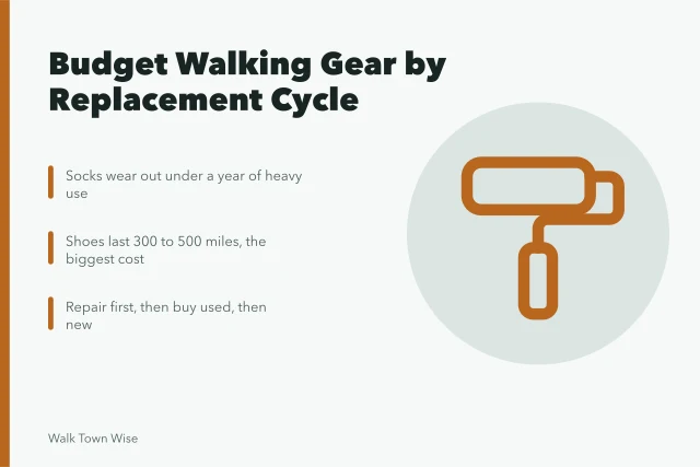 Card comparing walking gear replacement cycles and yearly costs. Why budget walking gear by replacement cycle instead of sticker price