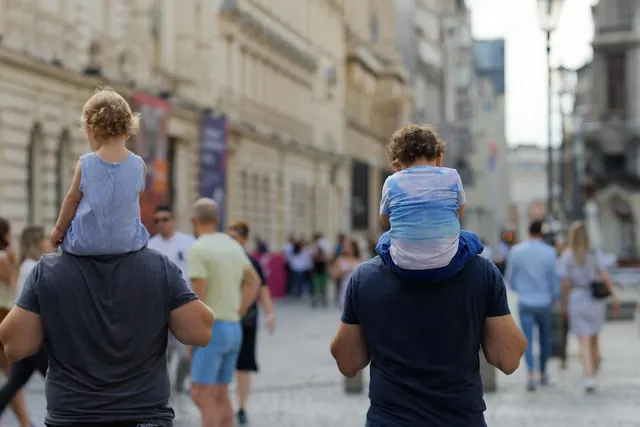 people, walking, promenade, children, street, urban, relaxation, weekend, men, fathers, family, snapshot, old town, city, capital