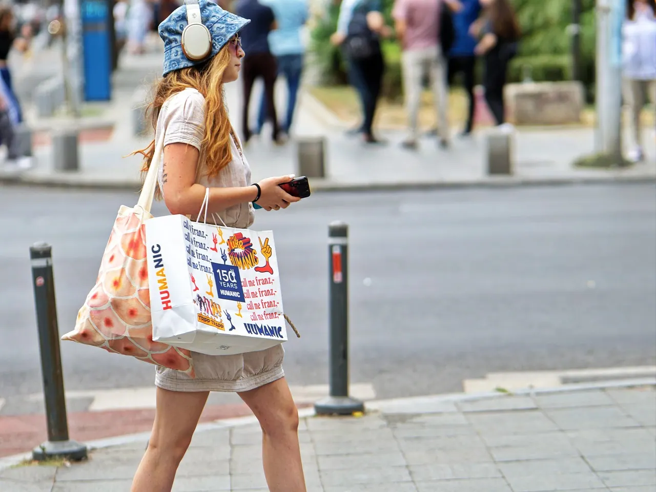 woman, headphones, walking, sidewalk, earphones, street, urban, shopping, city, pavement, casual wear, everyday life, pedestrian, headphones, shopping, shopping, casual wear, every