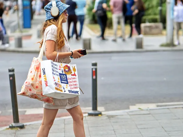 woman, headphones, walking, sidewalk, earphones, street, urban, shopping, city, pavement, casual wear, everyday life, pedestrian, headphones, shopping, shopping, casual wear, every