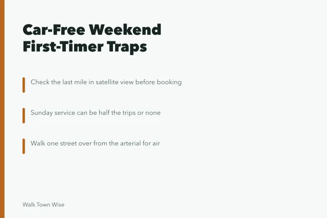Card on car-free weekend pitfalls: last mile, Sunday service, heat, air quality. 5 things first-time visitors miss about car-free weekends