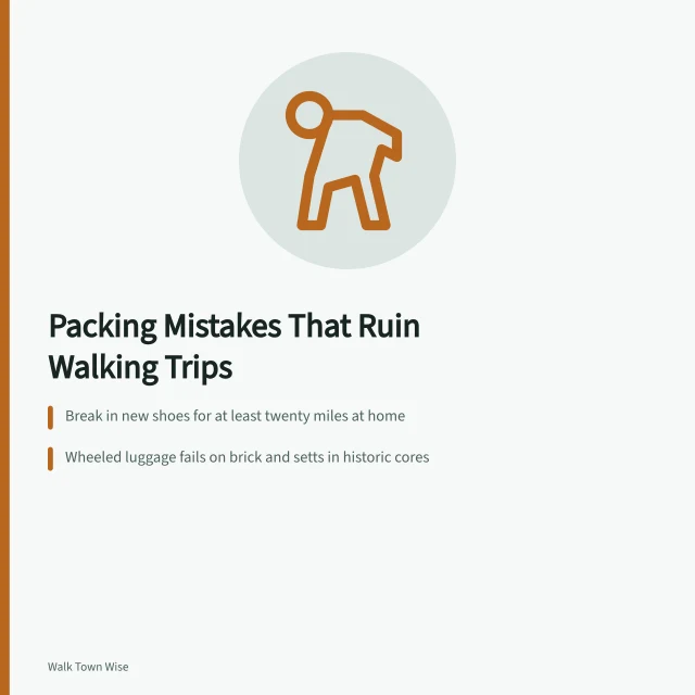 Card listing packing mistakes that ruin walking trips, from shoes to socks. Small packing mistakes cause most classic walking-trip failures