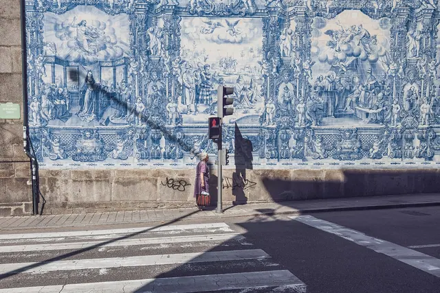 street, pedestrian crossing, woman, traffic light, city, footpath, postage, portugal, art, wall, sidewalk, chapel, santa, catarina, portugal, portugal, portugal, portugal, portugal